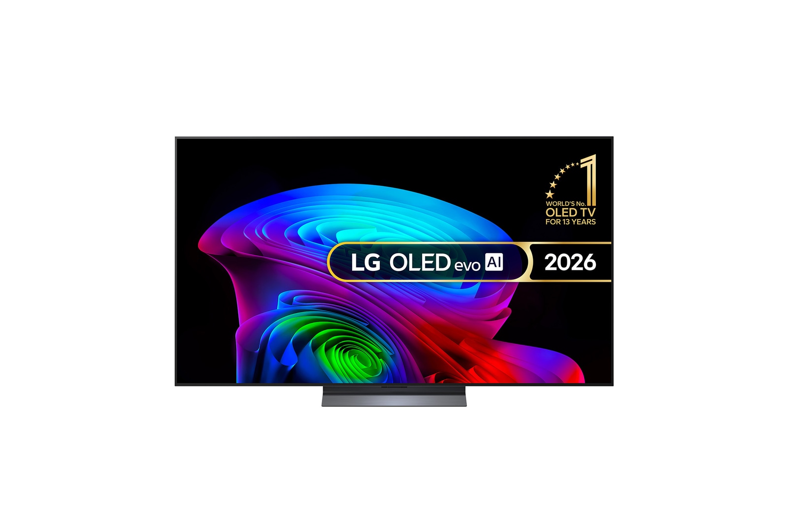 The front view of LG OLED evo AI C6, released in 2026, features a slim black bezel, with a vivid, sculpted swirl of layered rainbow tones flowing across the screen.