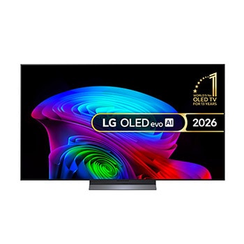 The front view of LG OLED evo AI C6, released in 2026, features a slim black bezel, with a vivid, sculpted swirl of layered rainbow tones flowing across the screen.