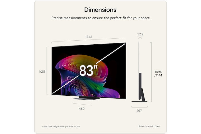 LG OLED evo AI C6 shown in front and side views highlights a 83-inch display with a 1842 mm-wide screen, an overall height of 1055 mm, and an ultra-slim 52.9 mm depth without a stand.