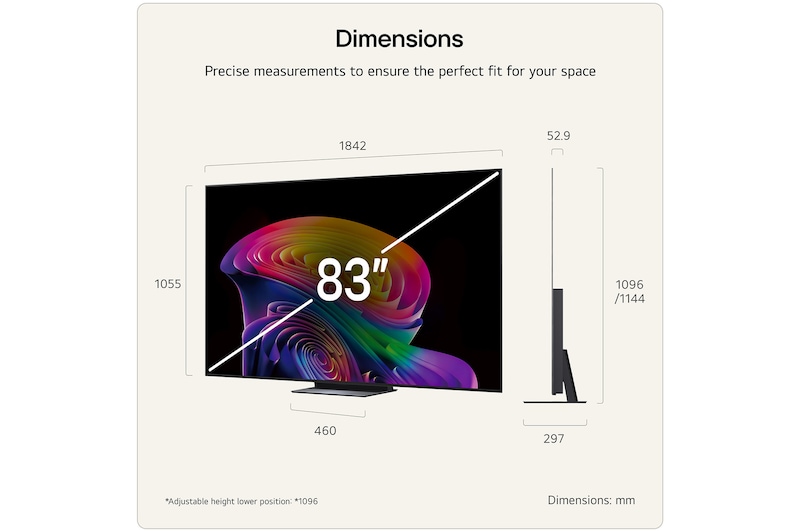 LG OLED evo AI C6 shown in front and side views highlights a 83-inch display with a 1842 mm-wide screen, an overall height of 1055 mm, and an ultra-slim 52.9 mm depth without a stand.