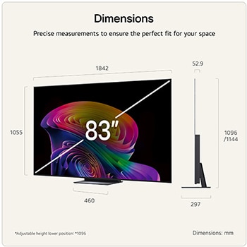 LG OLED evo AI C6 shown in front and side views highlights a 83-inch display with a 1842 mm-wide screen, an overall height of 1055 mm, and an ultra-slim 52.9 mm depth without a stand.