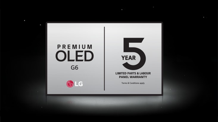 5-Year Limited Panel Warranty logo for Premium OLED G6 is shown on a dark background.