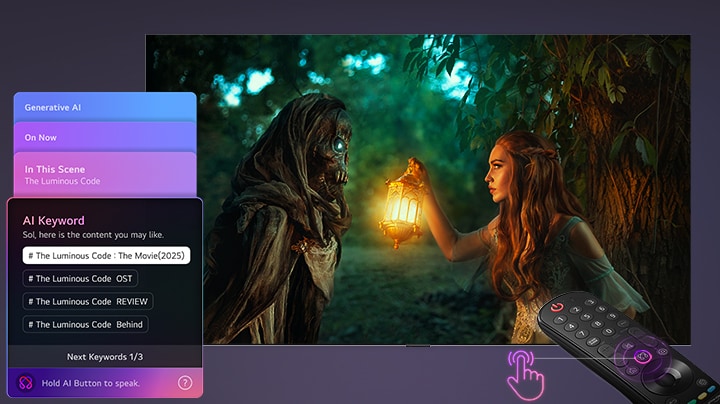 LG OLED evo AI G6 with AI Concierge shows an AI-based menu overlay on the left side of the movie screen, displaying scene-based content suggestions and AI keywords such as OST and reviews, accessed by a short remote press.