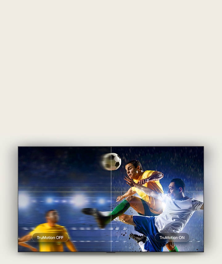 LG OLED evo AI G6 with TruMotion highlights motion smoothing in a split-screen soccer scene, contrasting blurred action with TruMotion Off and sharp, clear movement with TruMotion On to emphasize clarity in fast-paced sports.