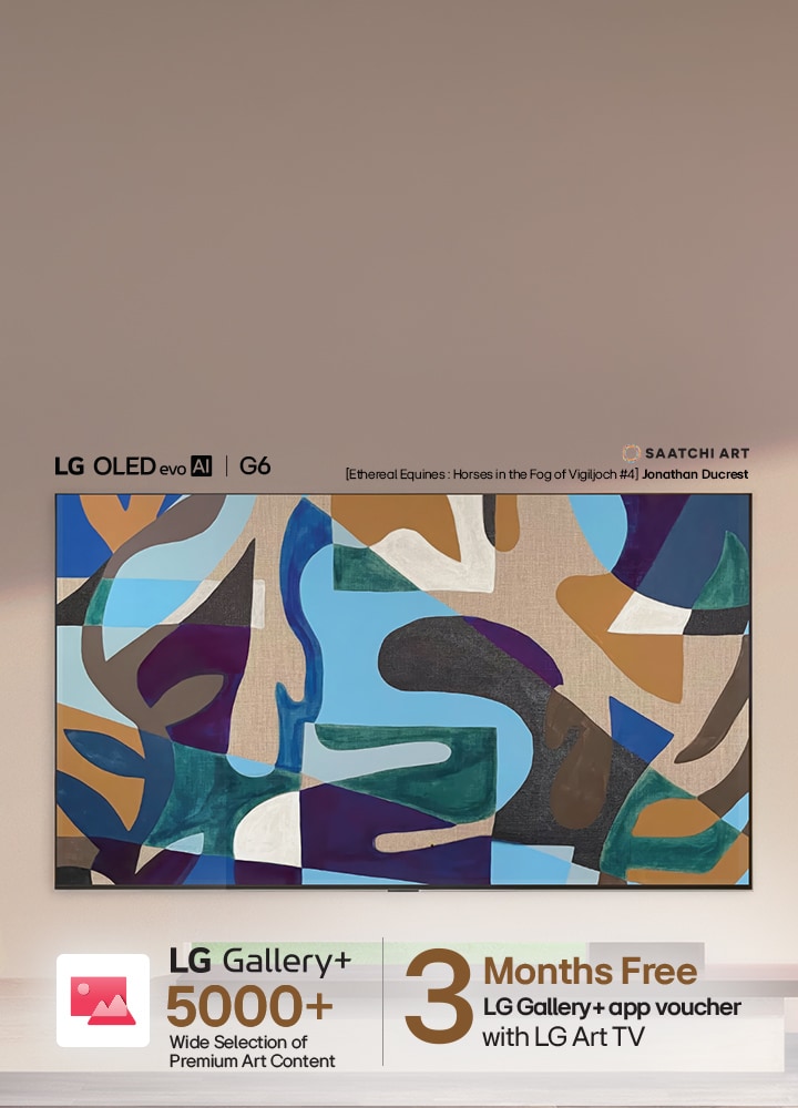 LG OLED evo AI G6 displays abstract geometric artwork from LG Gallery+ on screen against a modern interior backdrop, highlighting that a 3-month free LG Gallery+ voucher enables access to over 5,000 premium artworks. 