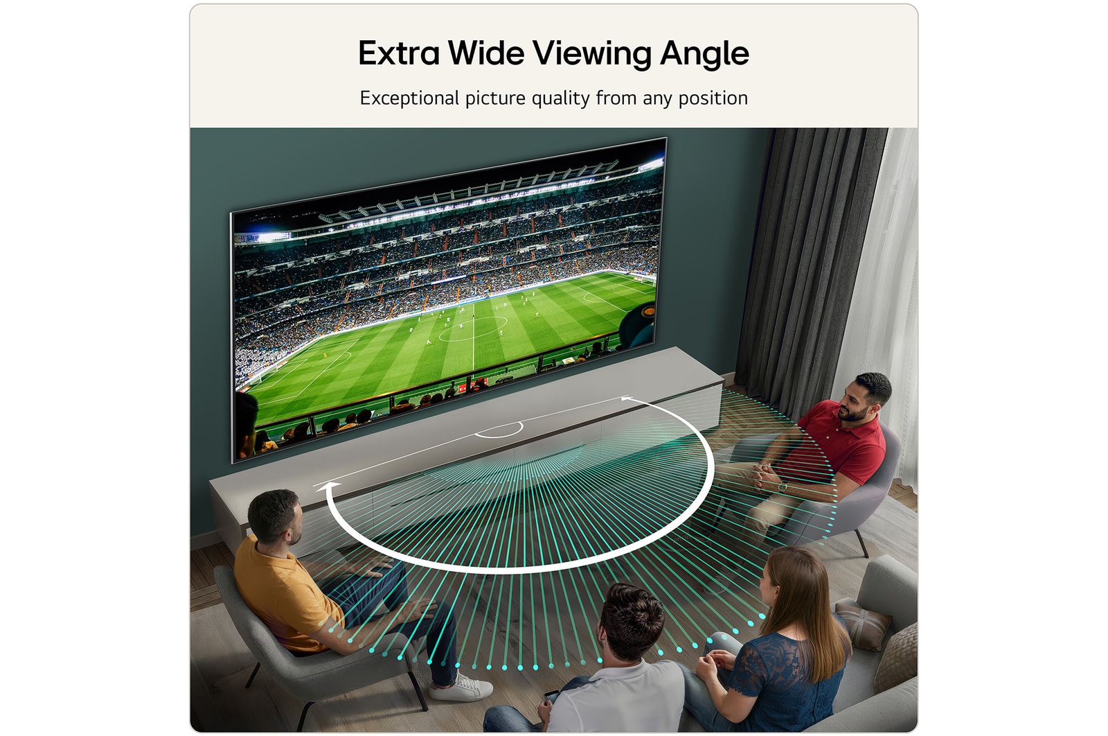 LG OLED evo AI G6 is flush-fit wall-mounted in a modern lifestyle living room, displaying a vivid aurora over a serene coastal village, resembling a framed picture on the wall.