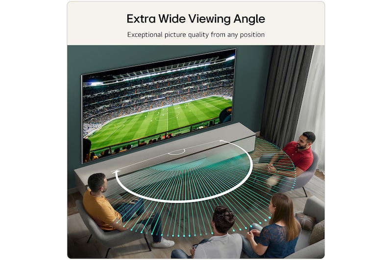 LG OLED evo AI G6 is flush-fit wall-mounted in a modern lifestyle living room, displaying a vivid aurora over a serene coastal village, resembling a framed picture on the wall.
