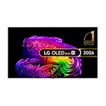 The front view of LG OLED evo AI G6, released in 2026, features a slim black bezel, with a vivid, sculptural image of richly layered, multicolored forms filling the screen.