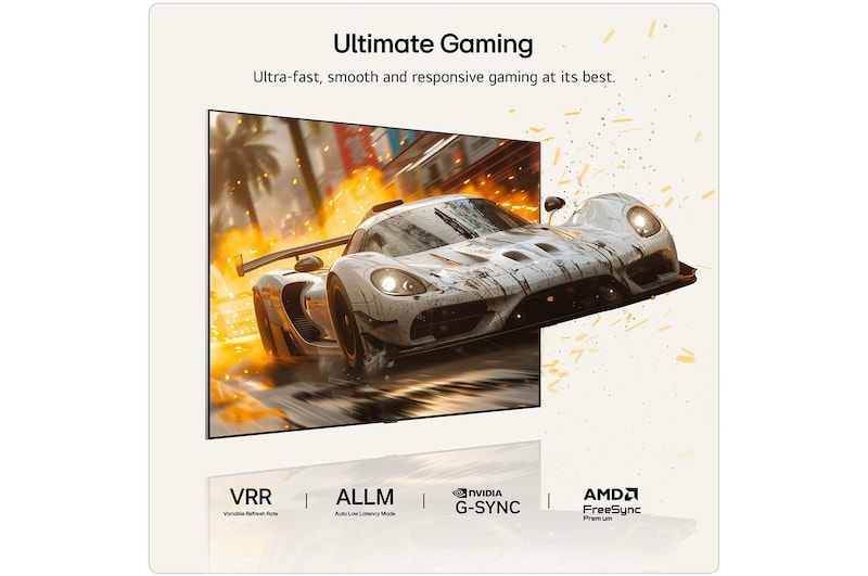 LG OLED evo AI G6 is flush-fit wall-mounted in a modern lifestyle living room, displaying a vivid aurora over a serene coastal village, resembling a framed picture on the wall.