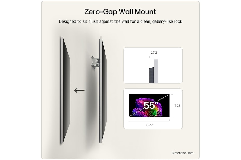 LG OLED evo AI G6 shown in front and side views highlights a 55-inch display with a 1222 mm-wide screen, 703 mm screen height, 787 mm height with stand, a 27.2 mm depth, and a stand footprint measuring 485 by 263 mm.