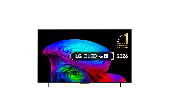 The front view of LG OLED evo AI C6, released in 2026, features a slim black bezel, with a vivid, sculpted swirl of layered rainbow tones flowing across the screen.