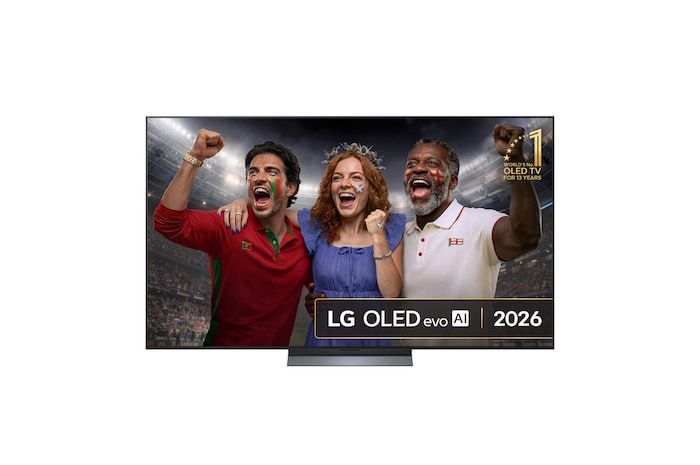 The front view of LG OLED evo AI C6, released in 2026, features a slim black bezel, with a vivid, sculpted swirl of layered rainbow tones flowing across the screen.