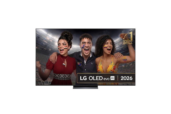 The front view of LG OLED evo AI C6, released in 2026, features a slim black bezel, with a vivid, sculpted swirl of layered rainbow tones flowing across the screen.