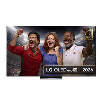 The front view of the LG OLED evo AI C6, released in 2026, displays an image of layered, multicolored forms, featuring Hyper Radiant Color Tech, Perfect Black & Perfect Color, along with the World’s No.1 OLED TV for 13 Years badge.