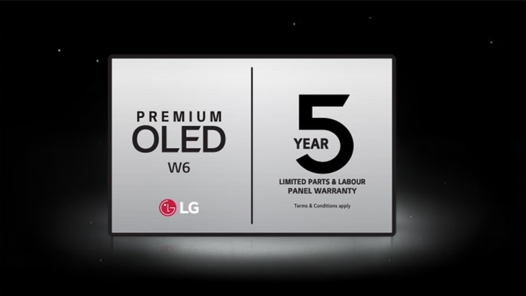 A 5-Year Limited Panel Warranty logo for the Premium OLED W6 on a dark background, representing peace of mind against OLED burn-in concerns.