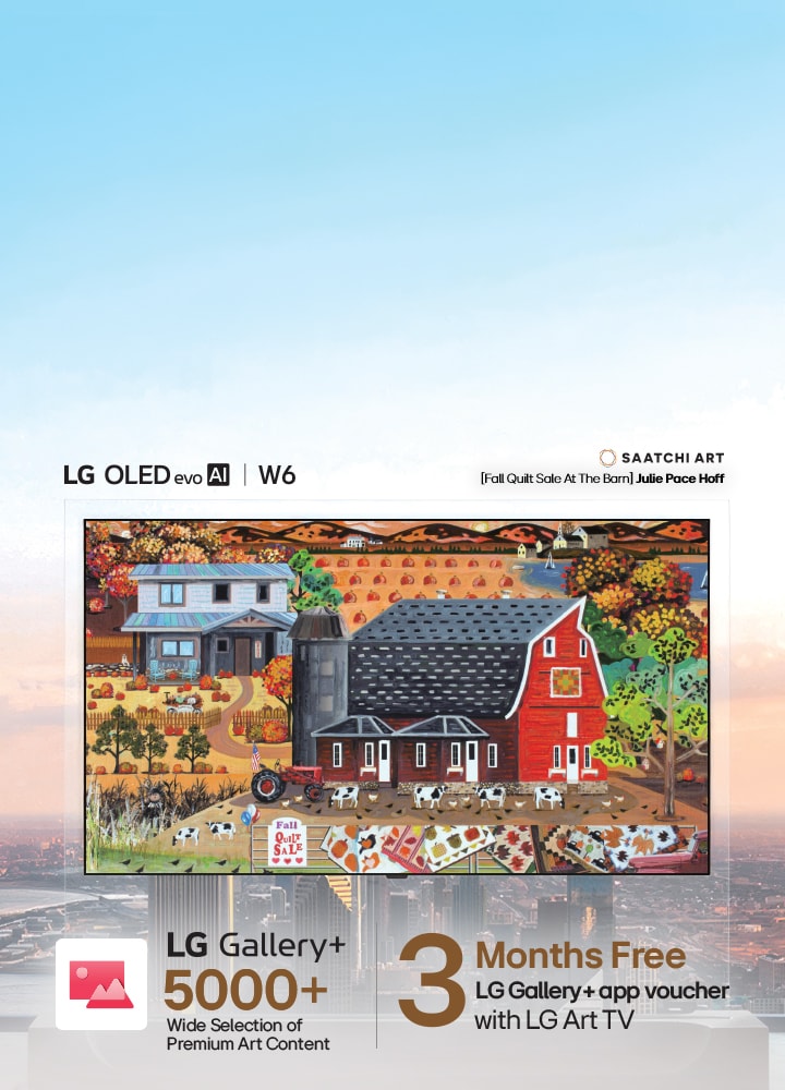 LG OLED evo AI W6 Wallpaper TV displays colorful farmhouse artwork from LG Gallery+ on screen against a city skyline backdrop, highlighting that a 3-month free LG Gallery+ voucher enables access to over 5,000 premium artworks. 