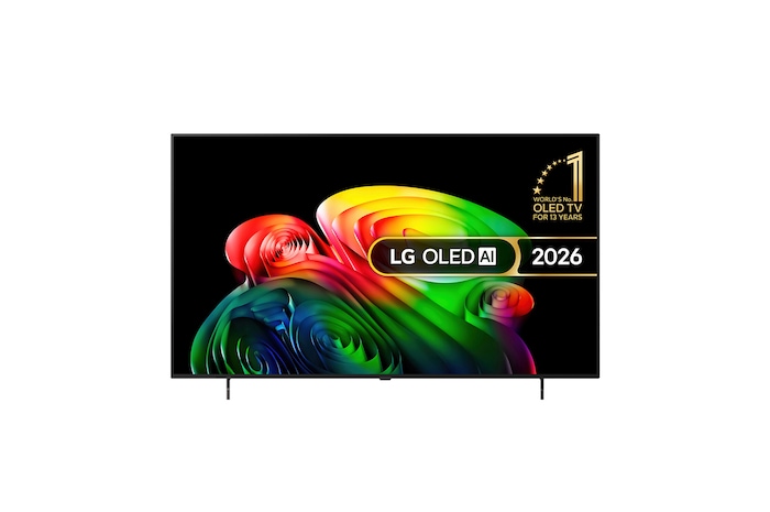 The front view of LG OLED AI B6, released in 2026, features a slim black bezel, with a vivid, sculptural image of richly layered, multicolored forms filling the screen.