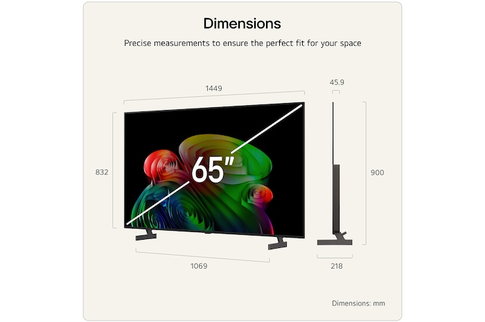 LG OLED AI B6E shown in front and side views highlights a 65-inch display with a 1449 mm-wide screen, an overall height of 832 mm, and an ultra-slim 45.9 mm depth without a stand.