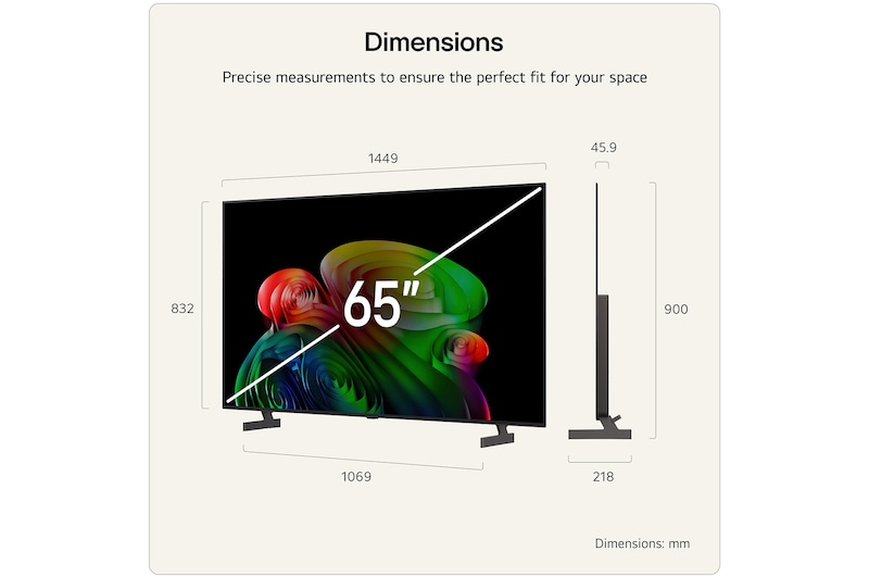 LG OLED AI B6E shown in front and side views highlights a 65-inch display with a 1449 mm-wide screen, an overall height of 832 mm, and an ultra-slim 45.9 mm depth without a stand.