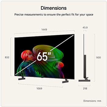 LG OLED AI B6E shown in front and side views highlights a 65-inch display with a 1449 mm-wide screen, an overall height of 832 mm, and an ultra-slim 45.9 mm depth without a stand.