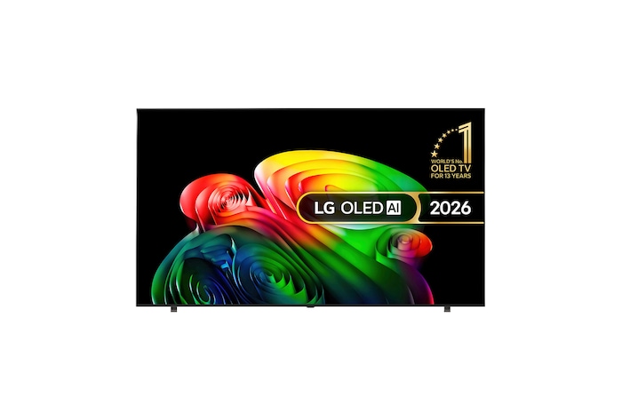 The front view of LG OLED AI B6E, released in 2026, features a slim black bezel, with a vivid, sculptural image of richly layered, multicolored forms filling the screen.