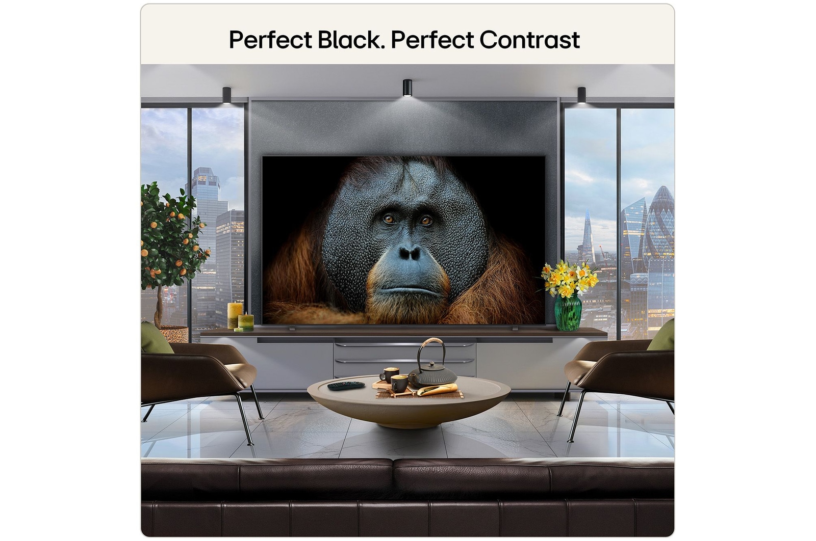 LG OLED AI B6E is wall-mounted in a styled living space, featuring an ultra-slim design with narrow bezels, and it displays a rainbow-toned landscape with layered mountain forms on screen.