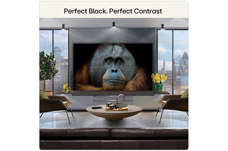LG OLED AI B6E is wall-mounted in a styled living space, featuring an ultra-slim design with narrow bezels, and it displays a rainbow-toned landscape with layered mountain forms on screen.
