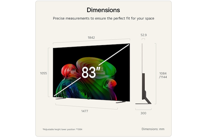 LG OLED AI B6E shown in front and side views highlights a 83-inch display with a 1842 mm-wide screen, an overall height of 1055 mm, and an ultra-slim 52.9 mm depth without a stand.