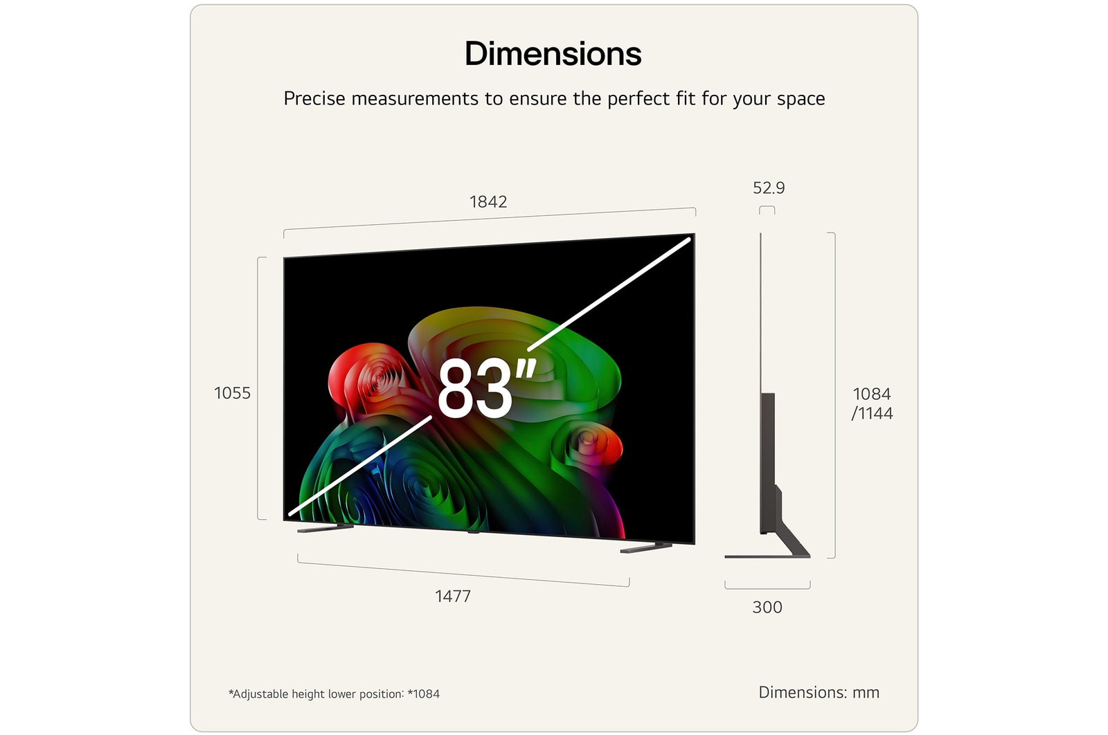 LG OLED AI B6E shown in front and side views highlights a 83-inch display with a 1842 mm-wide screen, an overall height of 1055 mm, and an ultra-slim 52.9 mm depth without a stand.