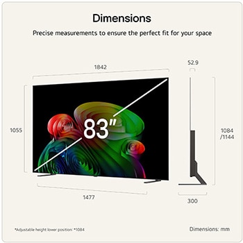 LG OLED AI B6E shown in front and side views highlights a 83-inch display with a 1842 mm-wide screen, an overall height of 1055 mm, and an ultra-slim 52.9 mm depth without a stand.
