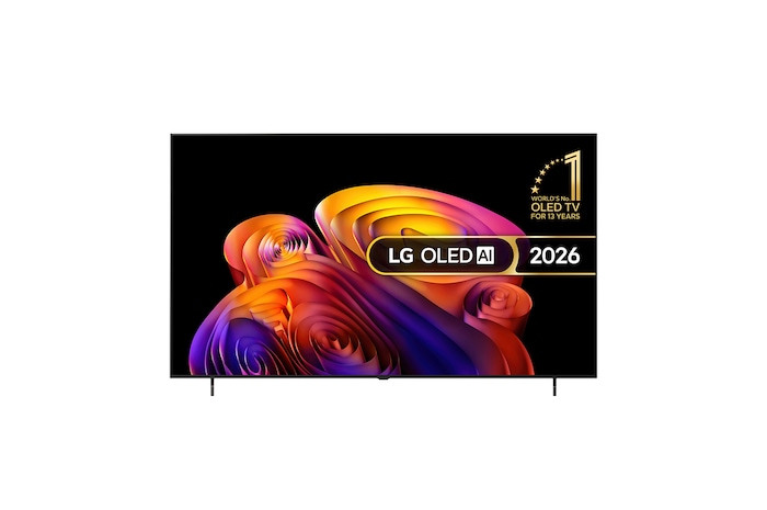 The front view of LG OLED AI B6E, released in 2026, features a slim black bezel, with a vivid, sculptural image of richly layered, multicolored forms filling the screen.
