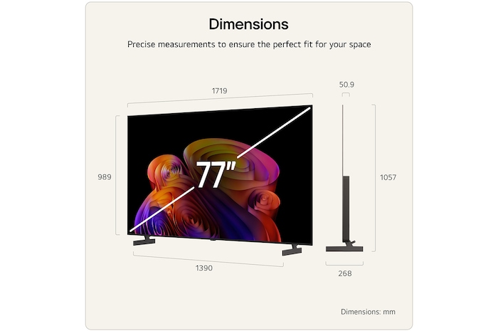 LG OLED AI B6E shown in front and side views highlights a 77-inch display with a 1719 mm-wide screen, an overall height of 989 mm, and an ultra-slim 50.9 mm depth without a stand.