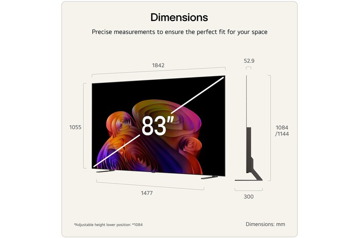 LG OLED AI B6E shown in front and side views highlights a 83-inch display with a 1842 mm-wide screen, an overall height of 1055 mm, and an ultra-slim 52.9 mm depth without a stand.