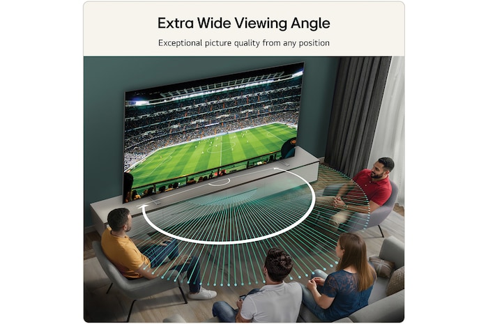 LG OLED AI B6E is wall-mounted in a styled living space, featuring an ultra-slim design with narrow bezels, and it displays a rainbow-toned landscape with layered mountain forms on screen.