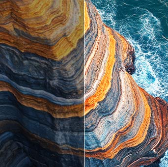 LG QNED evo AI QNED80 Mini LED highlights Mini LED through a split coastal cliff scene, comparing conventional LED with deeper blacks and more refined contrast across layered rock textures and ocean details for greater clarity and depth.