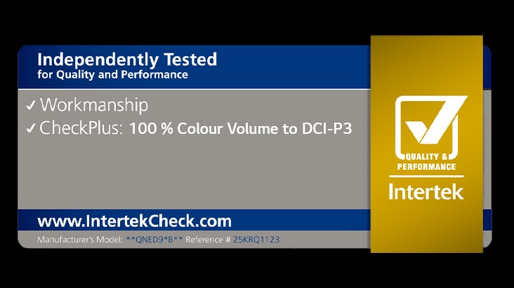 Intertek certification sticker highlights that LG QNED evo AI is certified by Intertek for “100% colour Volume to DCI-P3.”