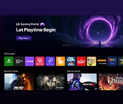 LG QNED evo AI QNED80 Mini LED features the LG Gaming Portal with a gaming hub layout, combining featured content and game tiles in a unified interface that expands to provide access to Xbox Cloud Gaming, GeForce NOW and webOS game apps.
