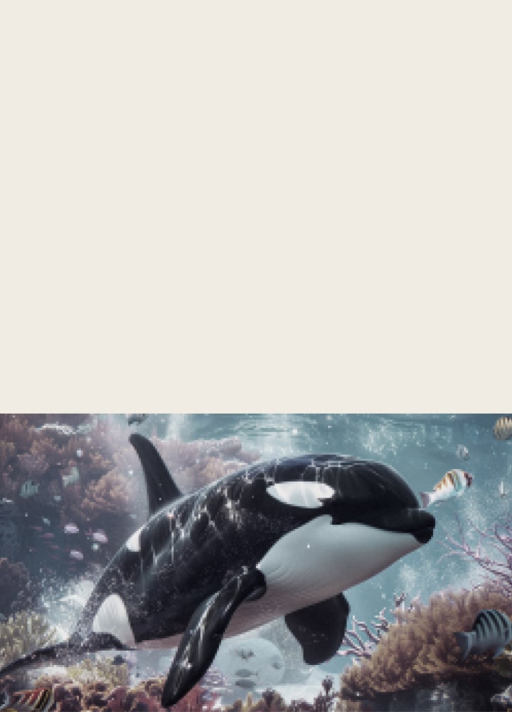 LG QNED evo AI QNED80 Mini LED with 4K Super Upscaling shows an orca swimming over a coral reef and fish, as AI upscales every frame toward 4K quality, then zooms out to reveal a child watching up close, immersed in the vivid detail.