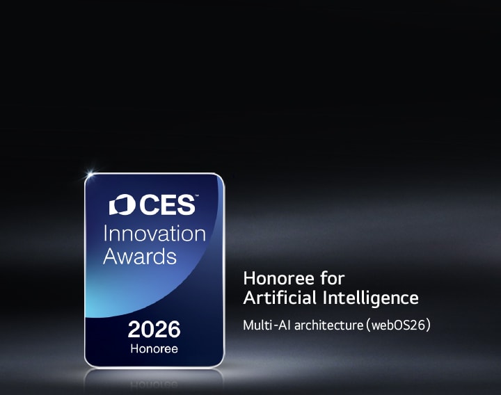 The CES Innovation Awards 2026 Honoree badge is shown on a dark background. Multi-AI Architecture is recognised in the Artificial Intelligence category.
