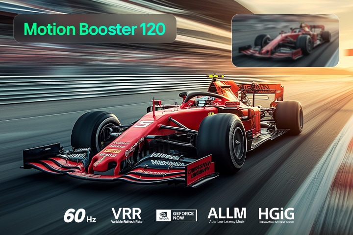 LG QNED evo AI QNED80 Mini LED for Ultimate Gameplay shows a high-speed racing scene with a comparison inset highlighting smoother motion through Motion Booster 120, while supporting 60Hz, VRR, AMD FreeSync, ALLM, HGiG, and GeForce NOW.