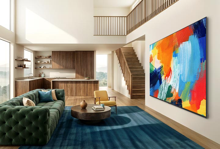 LG QNED evo AI QNED80 Mini LED with a Slim Design is wall-mounted in a bright, open living space, featuring a sleek profile that blends seamlessly into the interior while displaying a bold, colourful abstract artwork.