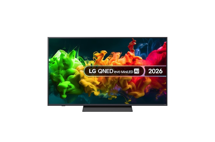 The front view of the LG QNED evo AI QNED80 Mini LED, released in 2026, displays vivid, fluid flows of multicolored motion on screen, featuring Dynamic QNED Color Pro, Mini LED, an α7 AI Processor 4K Gen9, webOS, and an 85-inch display.