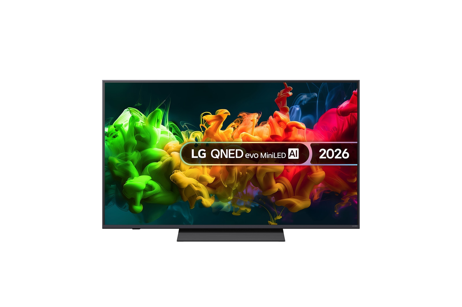 The front view of the LG QNED evo AI QNED80 Mini LED, released in 2026, displays vivid, fluid flows of multicolored motion on screen, featuring Dynamic QNED Color Pro, Mini LED, an α7 AI Processor 4K Gen9, webOS, and an 85-inch display.