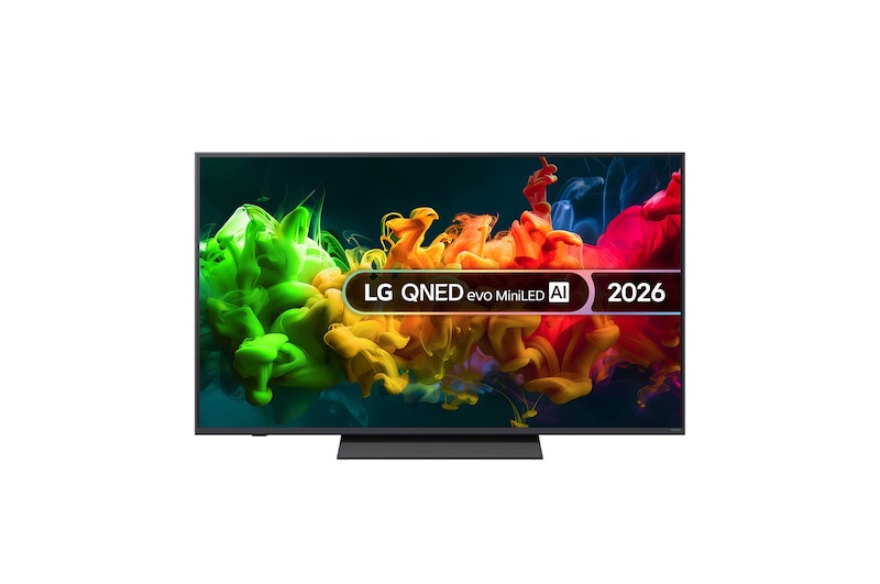 The front view of the LG QNED evo AI QNED80 Mini LED, released in 2026, displays vivid, fluid flows of multicolored motion on screen, featuring Dynamic QNED Color Pro, Mini LED, an α7 AI Processor 4K Gen9, webOS, and an 85-inch display.