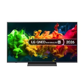 The front view of the LG QNED evo AI QNED80 Mini LED, released in 2026, displays vivid, fluid flows of multicolored motion on screen, featuring Dynamic QNED Color Pro, Mini LED, an α7 AI Processor 4K Gen9, webOS, and an 85-inch display.