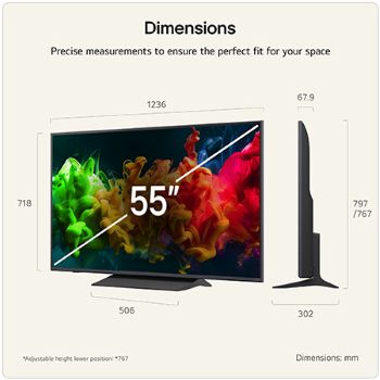 LG QNED evo AI QNED80 Mini LED shown in front and side views highlights a 55-inch display with a 1236 mm-wide screen, 718 mm screen height, 780 mm height with stand, a 67.9 mm profile depth, and a stand footprint measuring 1086 by 230 mm