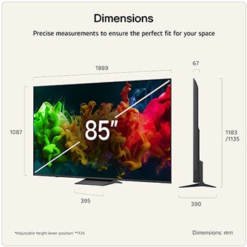 LG QNED evo AI QNED80 Mini LED shown in front and side views highlights an 85-inch display with a 1889 mm-wide screen, 1087 mm screen height, 1149 mm height with stand, a 67 mm profile depth, and a stand footprint measuring 1565 by 362 mm.