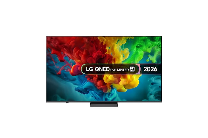 The front view of LG QNED evo AI QNED83 Mini LED, released in 2026, fills the screen with vivid, fluid bursts of multicolored, paint-like motion, as richly layered clouds of color spread smoothly across the display.