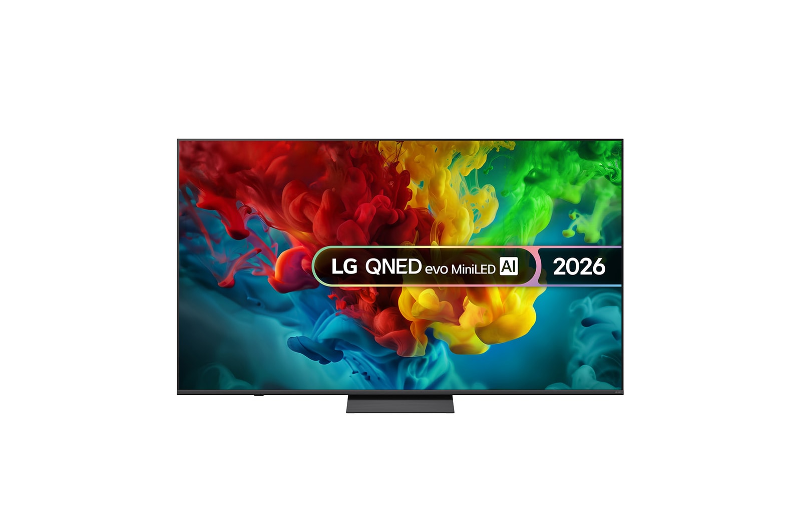 The front view of LG QNED evo AI QNED83 Mini LED, released in 2026, fills the screen with vivid, fluid bursts of multicolored, paint-like motion, as richly layered clouds of color spread smoothly across the display.  