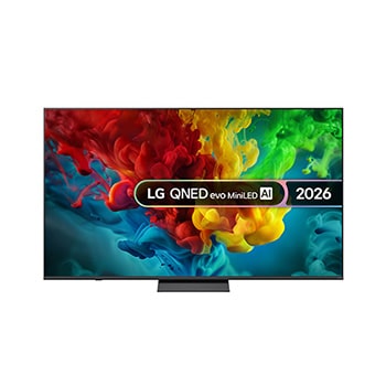 The front view of LG QNED evo AI QNED83 Mini LED, released in 2026, fills the screen with vivid, fluid bursts of multicolored, paint-like motion, as richly layered clouds of color spread smoothly across the display.  